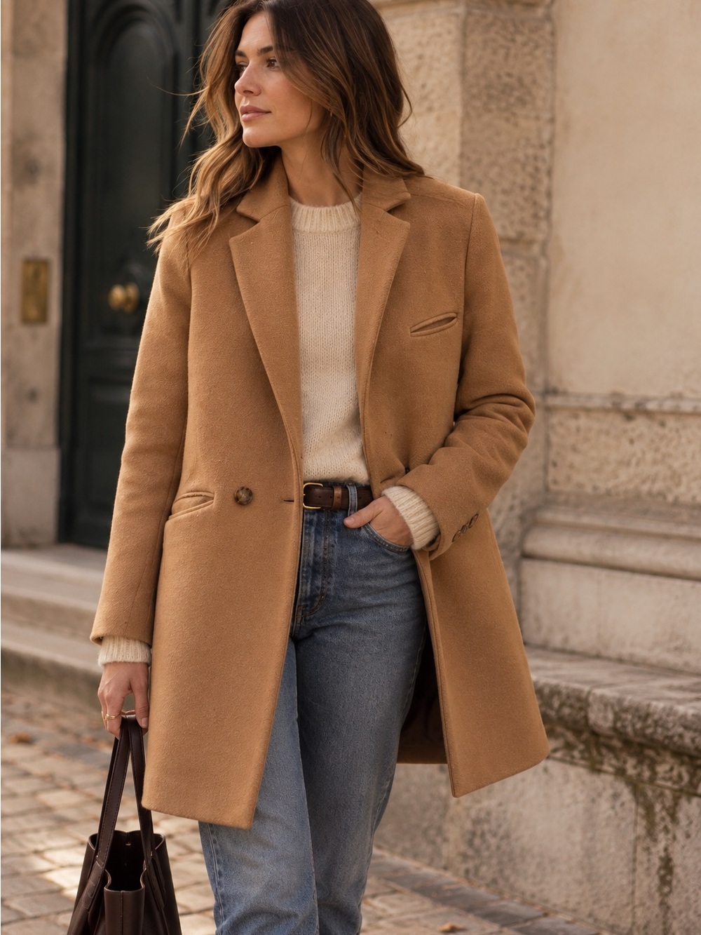 Sezane Camel Single-Breasted Wool-Blend Blazer Coat